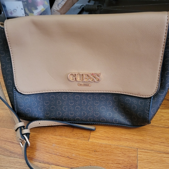 Guess Handbags - Vintage GUESS Taupe and Black Logo Crossbody Shoulder Bag